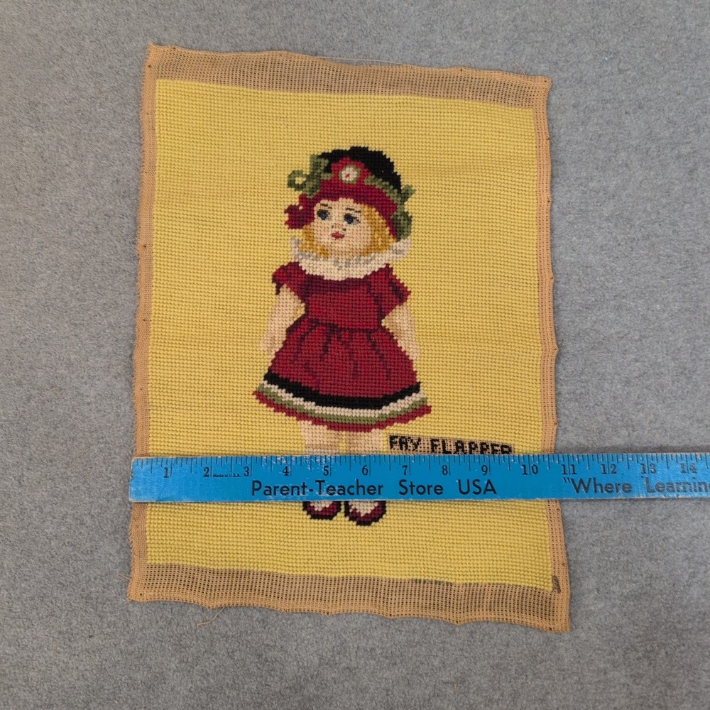 Vintage Fay Flapper 1922 Needlepoint Textile Art Yellow Red Handmade Tapestry - Picture 2 of 4